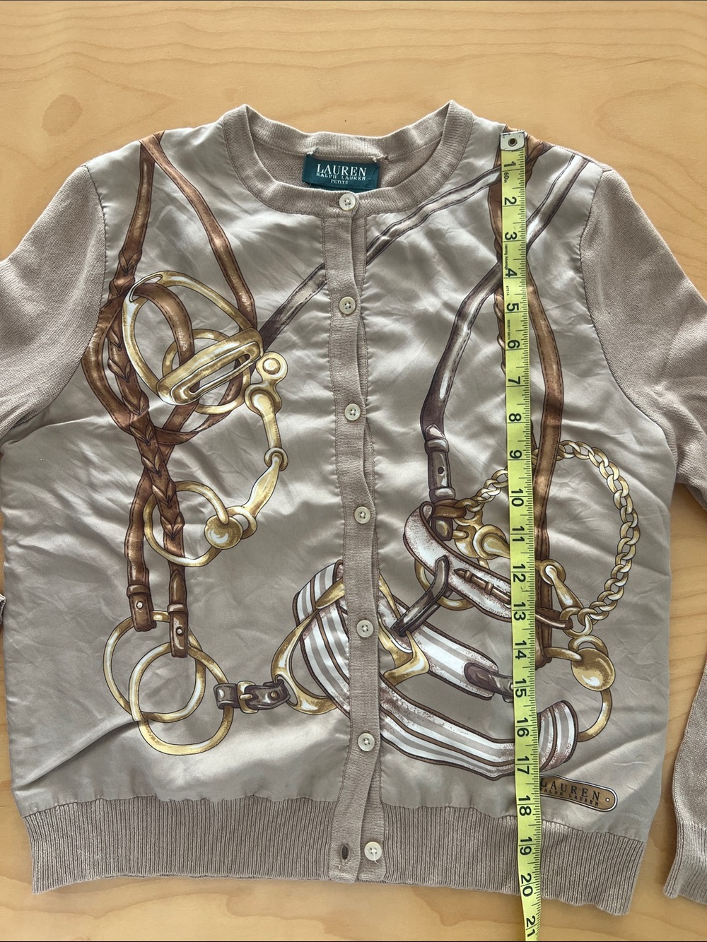 Lauren Ralph Lauren Taupe Equestrian-Print Button Cardigan
